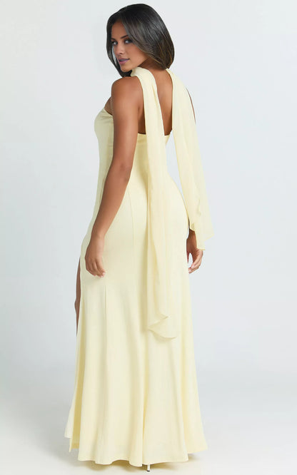 Off shoulder collar off shoulder sleeveless strapless backless side slit and floor length Prom dress