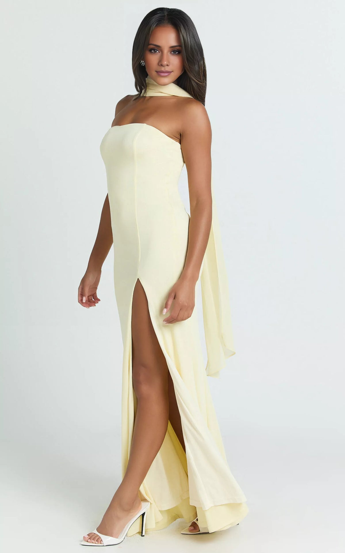 Off shoulder collar off shoulder sleeveless strapless backless side slit and floor length Prom dress