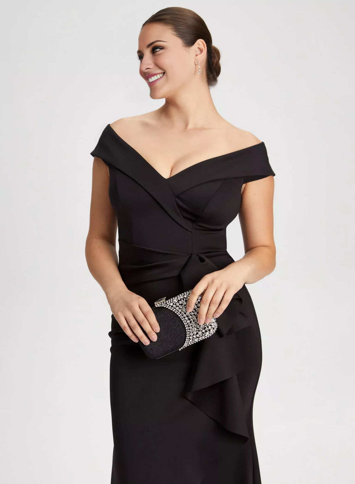 Off shoulder collar sleeveless backless ruffle edge and floor length evening dress
