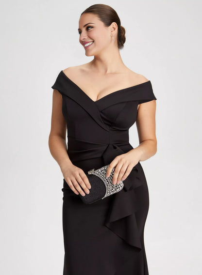 Off shoulder collar sleeveless backless ruffle edge and floor length evening dress