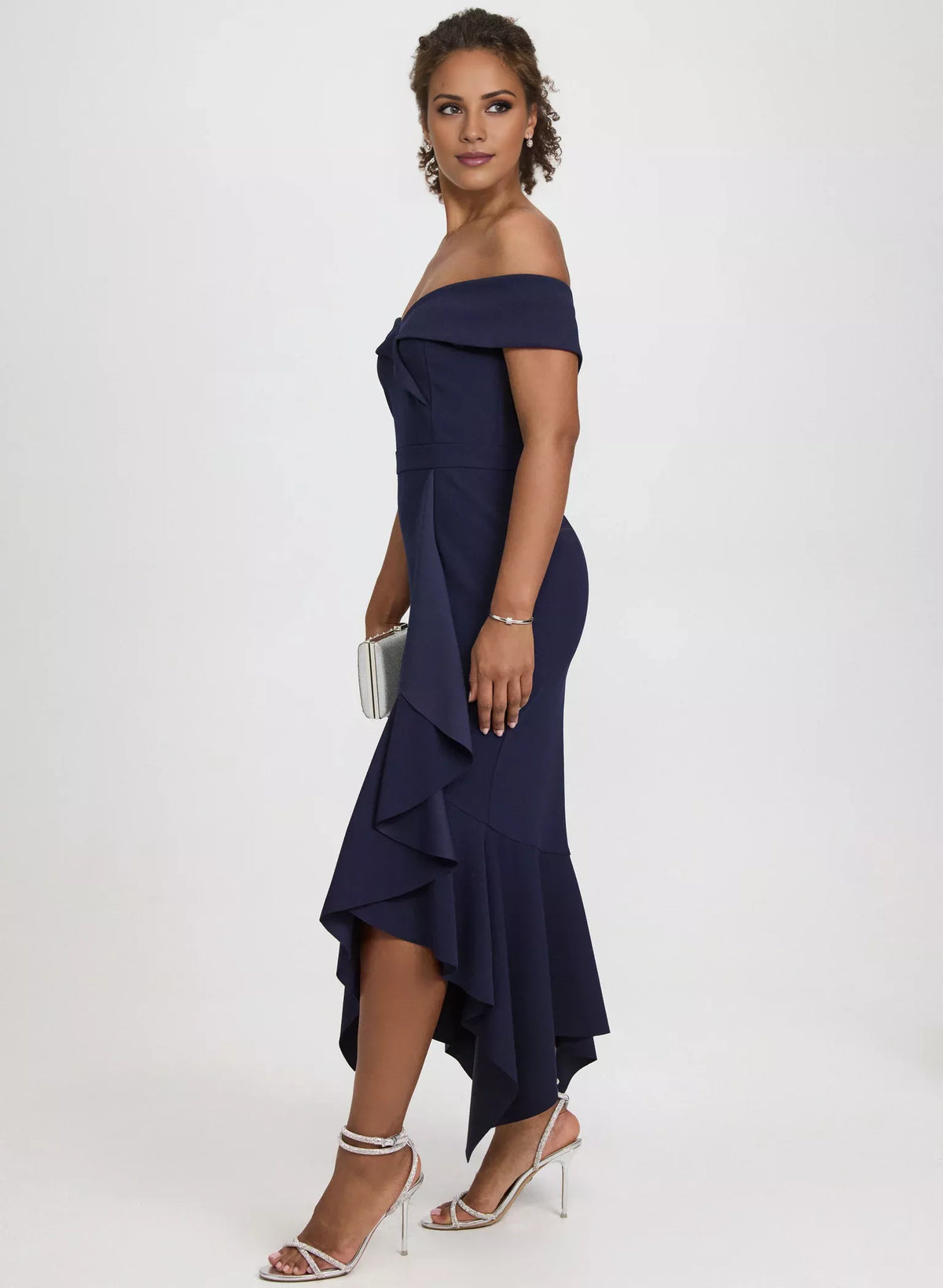 Off shoulder collar sleeveless backless ruffle edge side slit long evening dress