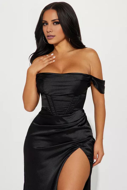 Off shoulder collar sleeveless backless side slit and floor length evening dress