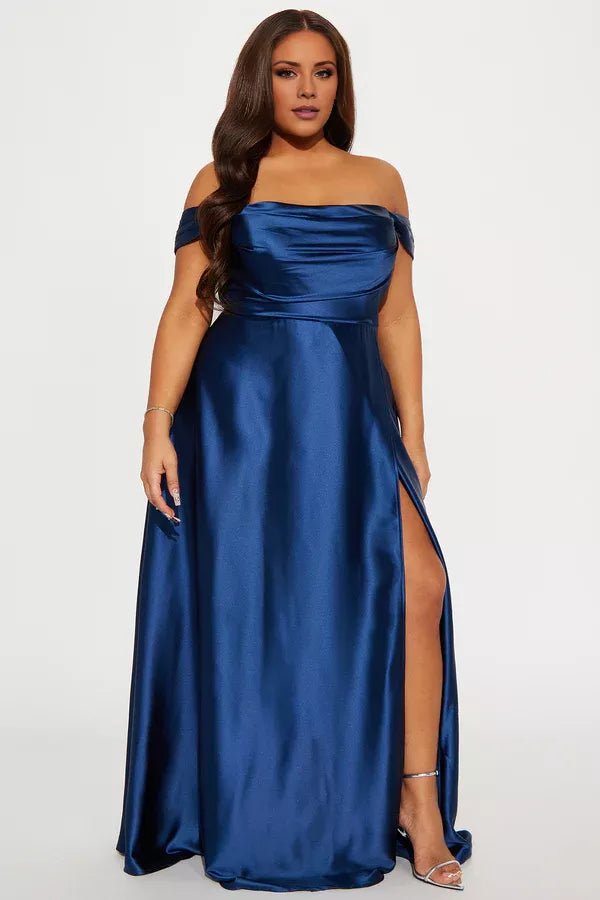 Off shoulder collar sleeveless backless side slit and floor length evening dress
