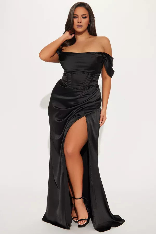Off shoulder collar sleeveless backless side slit and floor length evening dress