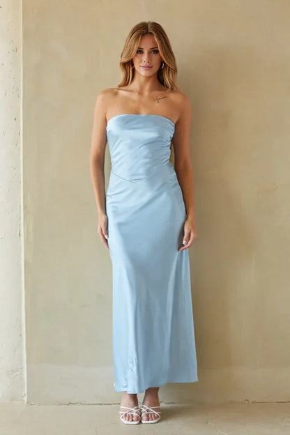 Off shoulder collar sleeveless strapless backless and floor length Prom dress