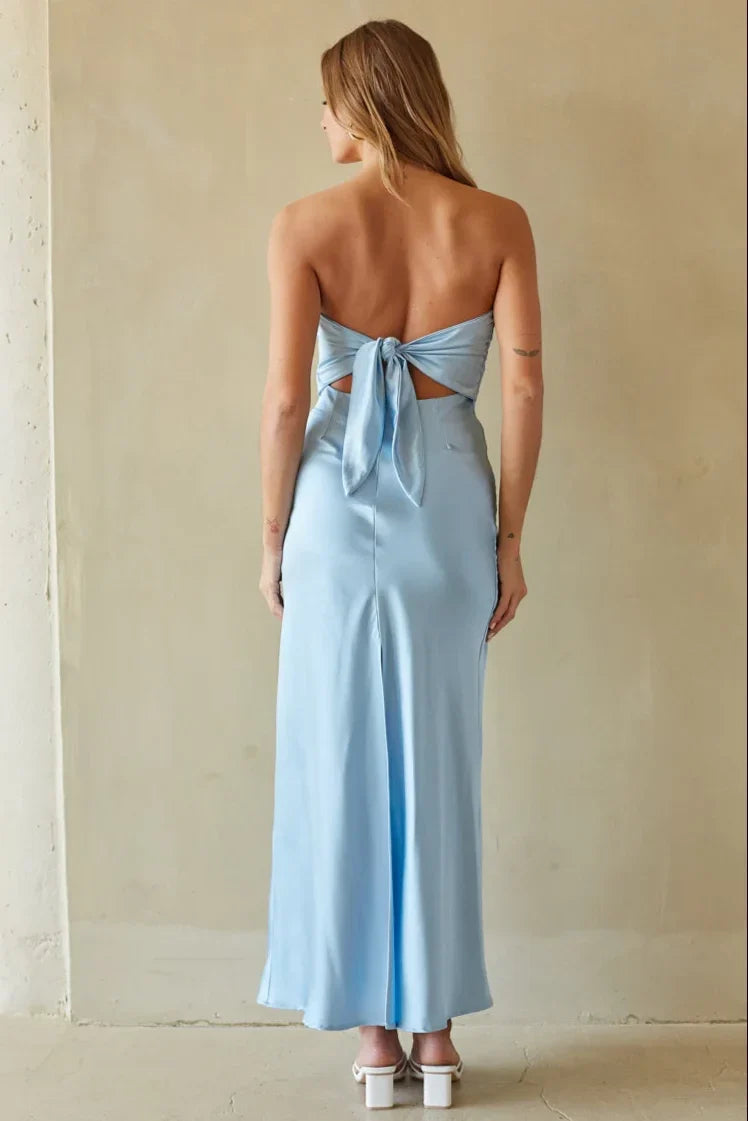 Off shoulder collar sleeveless strapless backless and floor length Prom dress