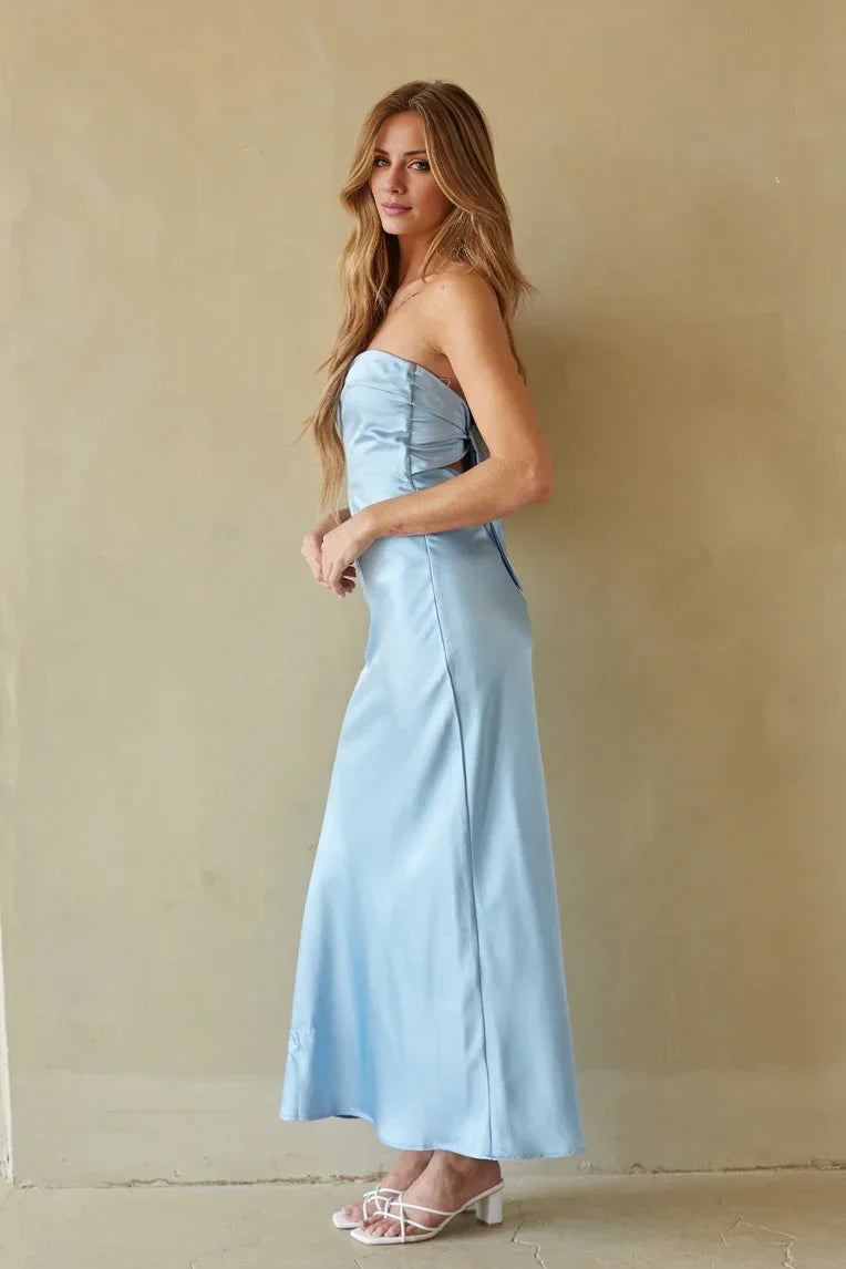 Off shoulder collar sleeveless strapless backless and floor length Prom dress