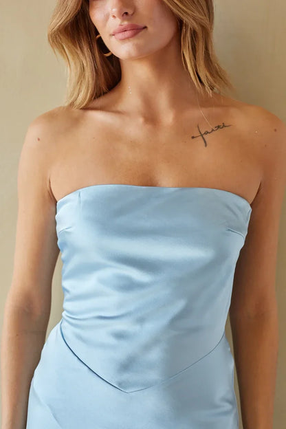 Off shoulder collar sleeveless strapless backless and floor length Prom dress