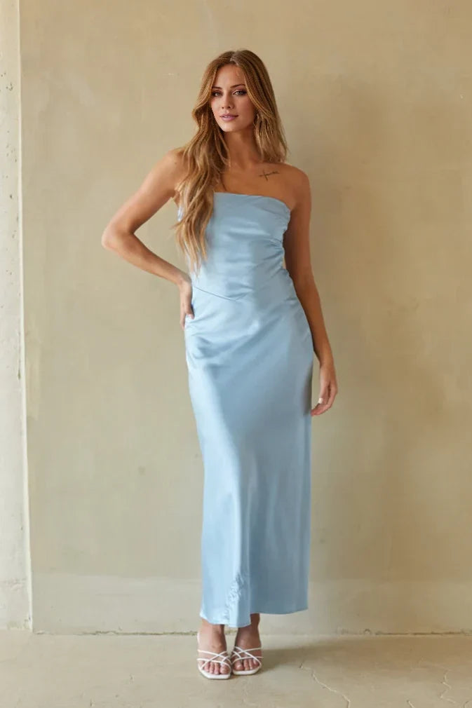 Off shoulder collar sleeveless strapless backless and floor length Prom dress