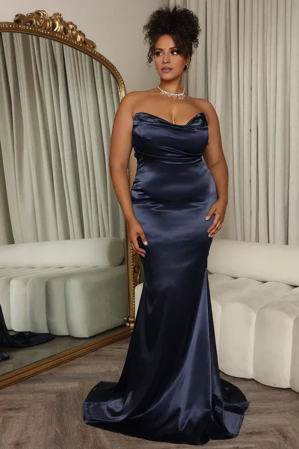 Off shoulder collar sleeveless strapless backless and floor length evening dress