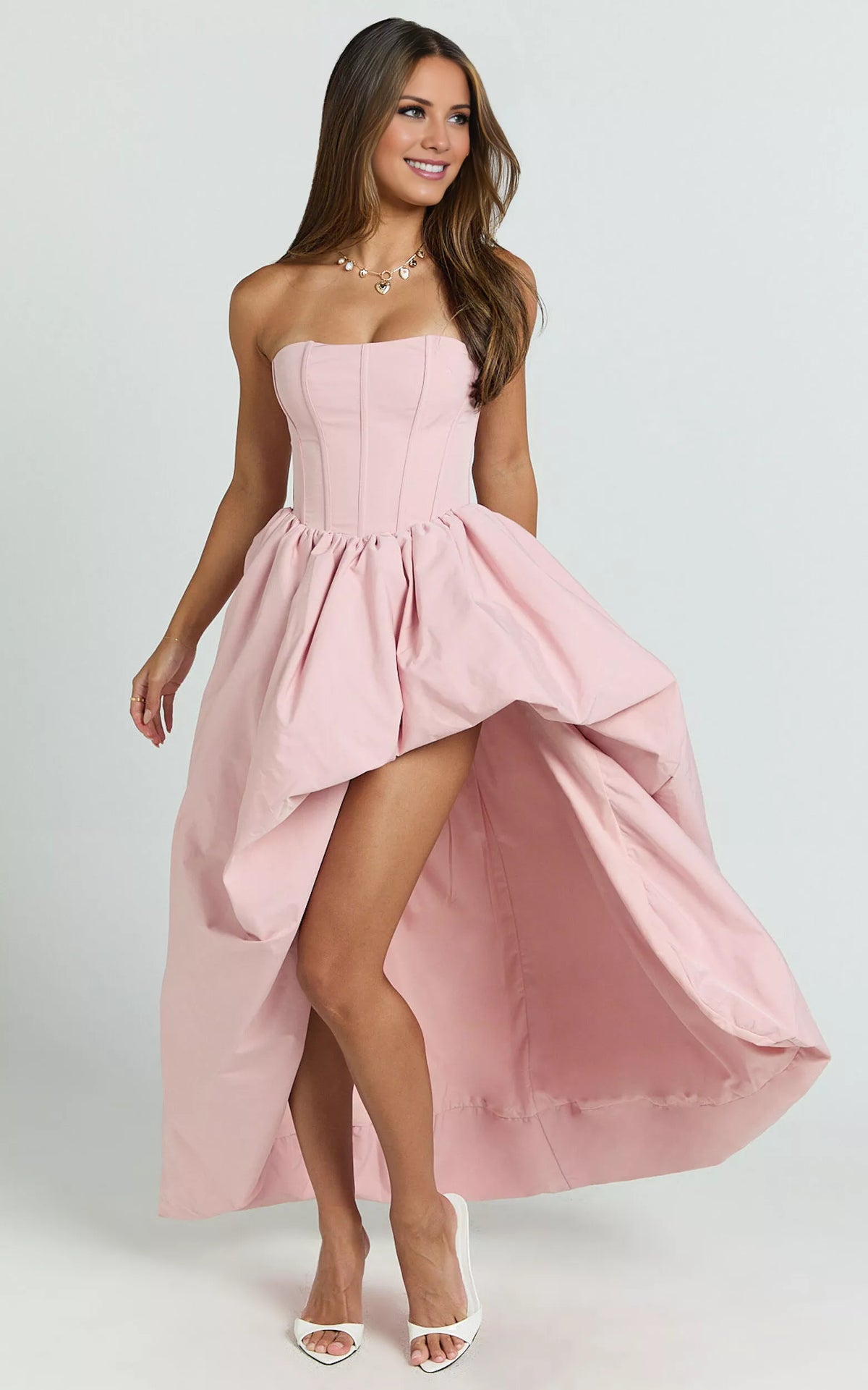 Off shoulder collar sleeveless strapless backless side slit and floor length Prom dress