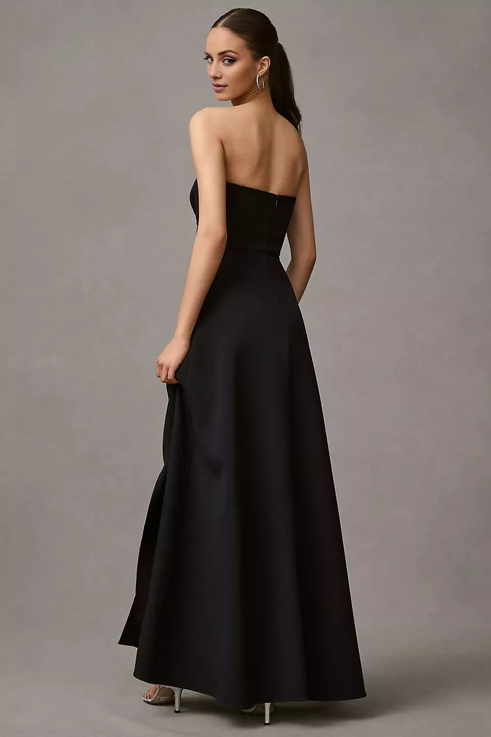 Off shoulder collar sleeveless strapless backless side slit and floor length Prom dress