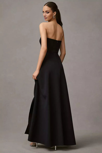Off shoulder collar sleeveless strapless backless side slit and floor length Prom dress