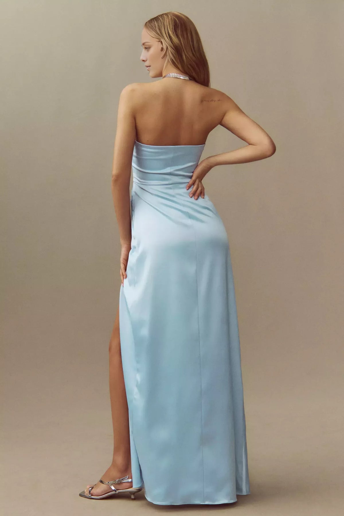 Off shoulder collar sleeveless strapless backless side slit and floor length Prom dress
