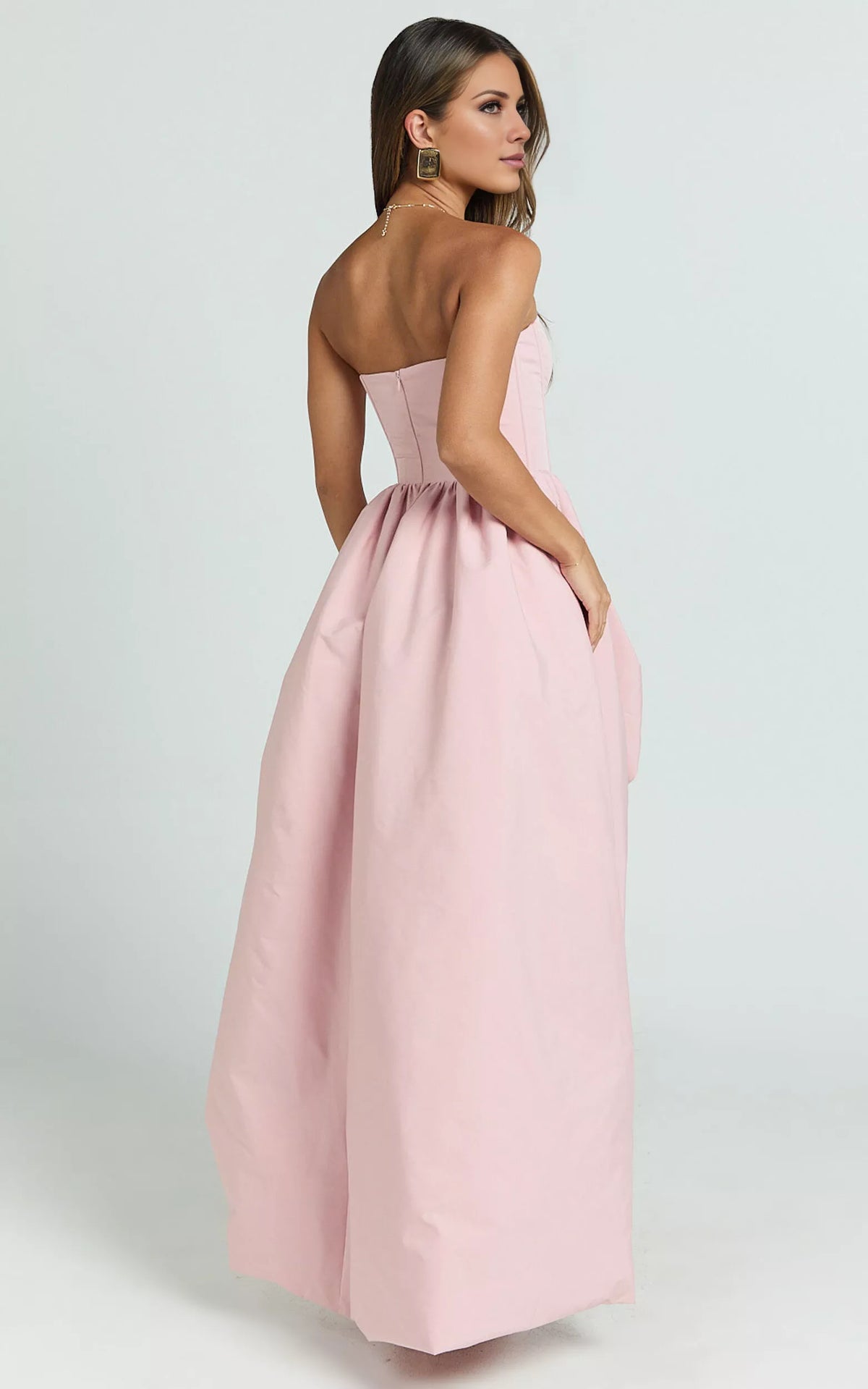 Off shoulder collar sleeveless strapless backless side slit and floor length Prom dress