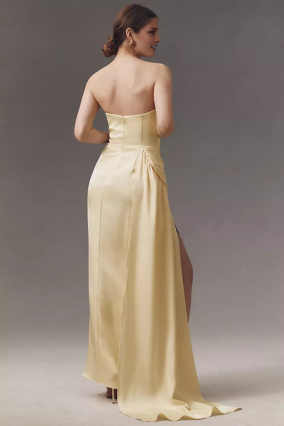 Off shoulder collar sleeveless strapless backless side slit and floor length Prom dress