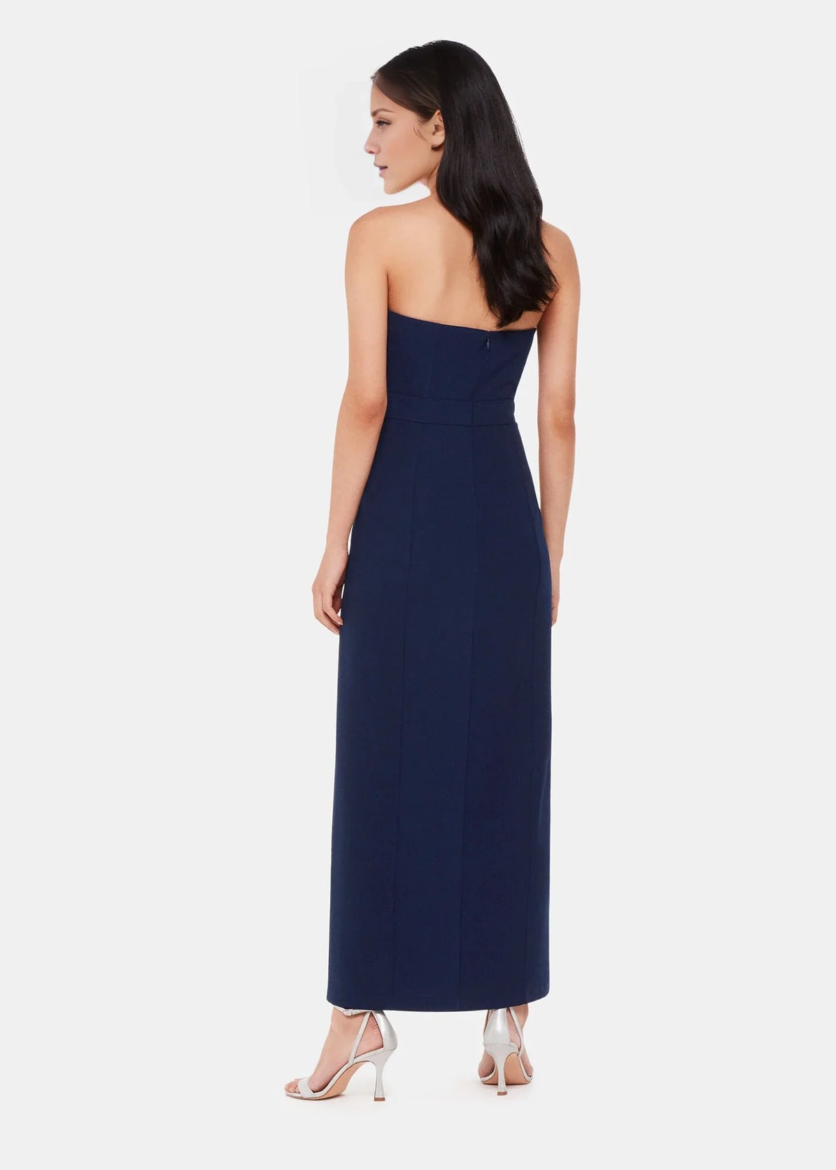 Off shoulder collar sleeveless strapless backless side slit and floor length Prom dress
