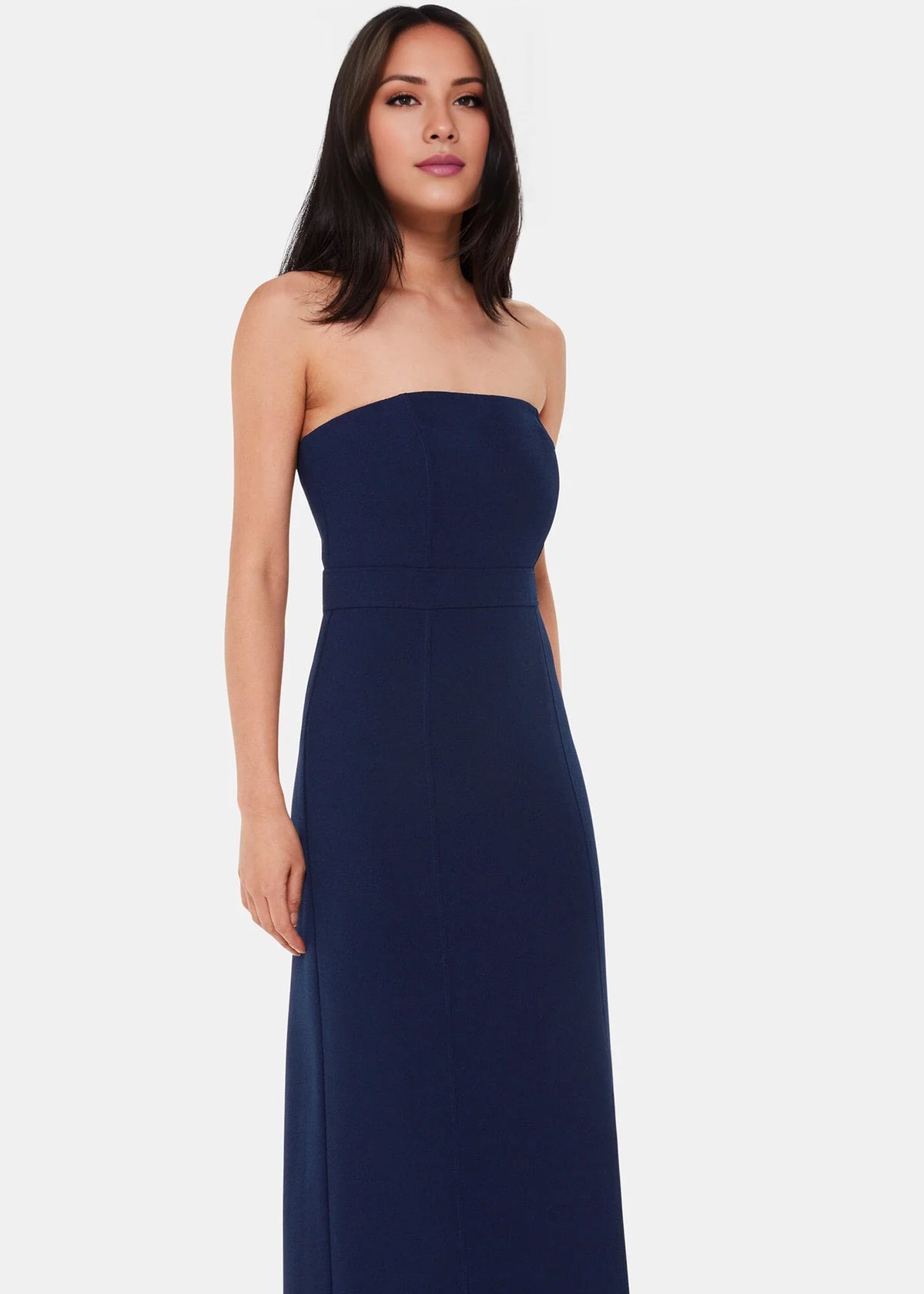 Off shoulder collar sleeveless strapless backless side slit and floor length Prom dress