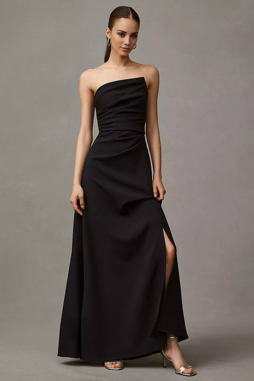 Off shoulder collar sleeveless strapless backless side slit and floor length Prom dress