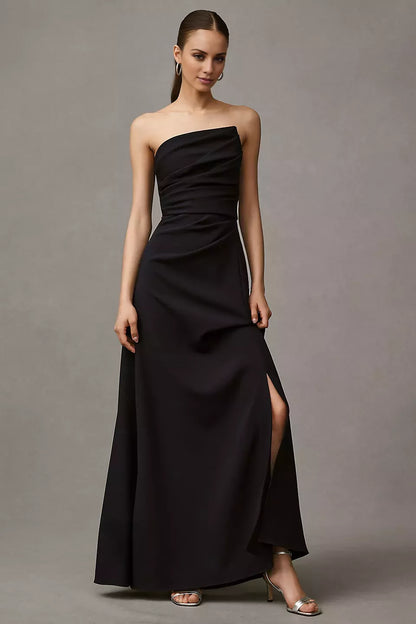 Off shoulder collar sleeveless strapless backless side slit and floor length Prom dress