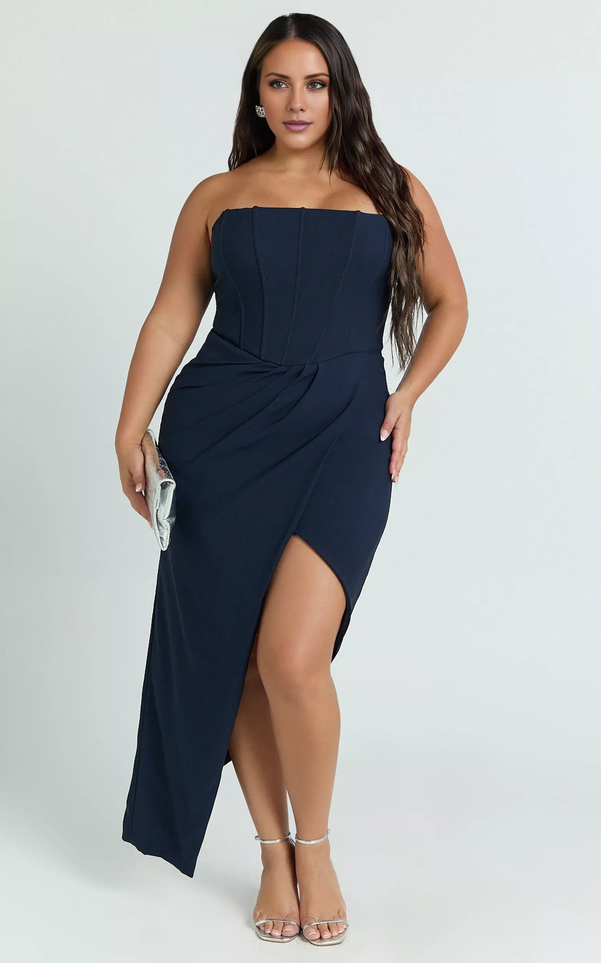 Off shoulder collar sleeveless strapless backless side slit and floor length Prom dress