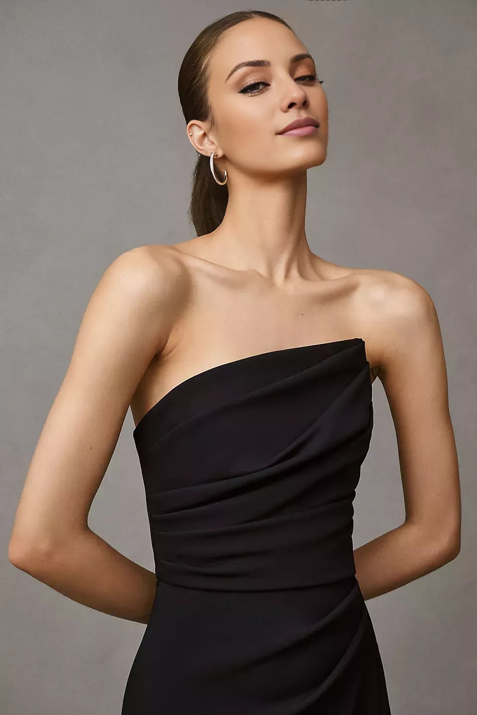 Off shoulder collar sleeveless strapless backless side slit and floor length Prom dress