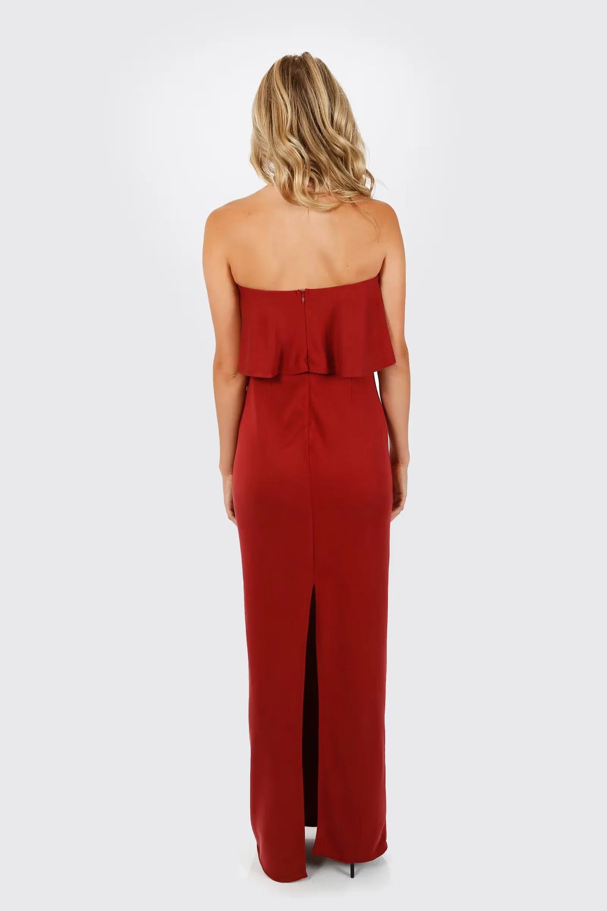 Off shoulder collar sleeveless strapless backless split and floor length Prom dress