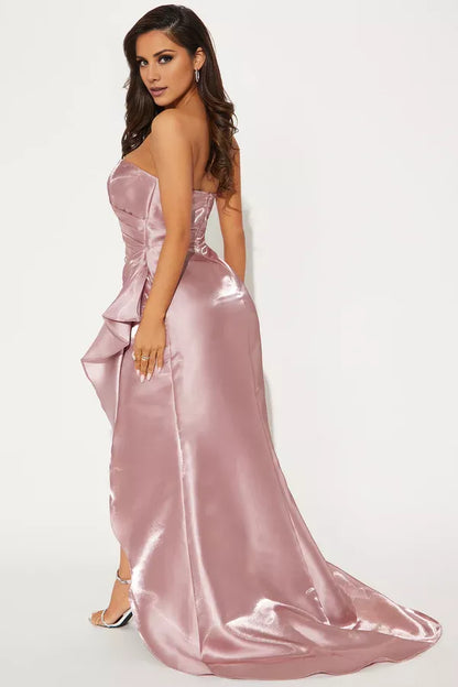 Off shoulder collar sleeveless strapless satin backless side slit and floor length evening dress