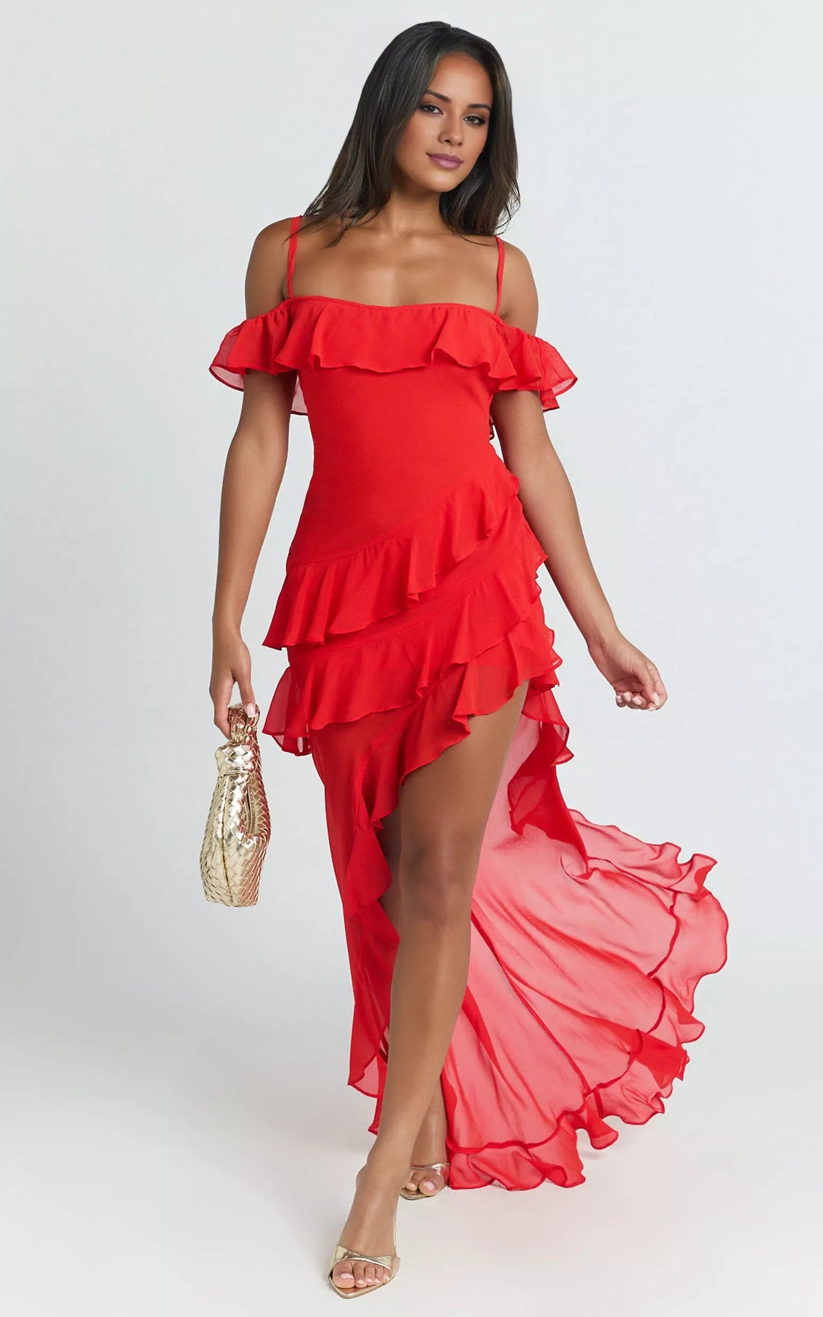 Off shoulder collar sleeveless thin shoulder strap backless ruffled edge side slit and floor length Prom dress