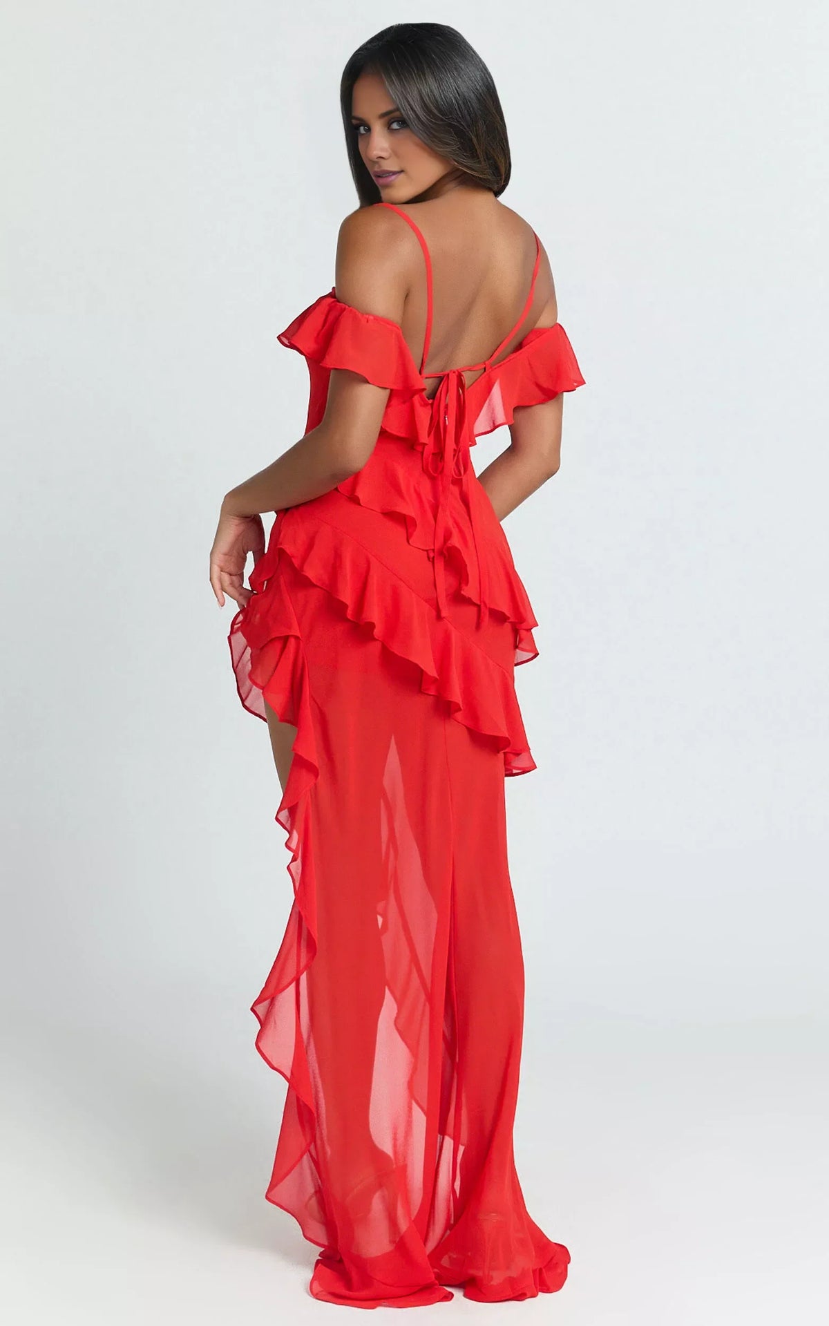 Off shoulder collar sleeveless thin shoulder strap backless ruffled edge side slit and floor length Prom dress