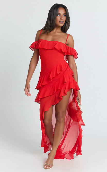 Off shoulder collar sleeveless thin shoulder strap backless ruffled edge side slit and floor length Prom dress