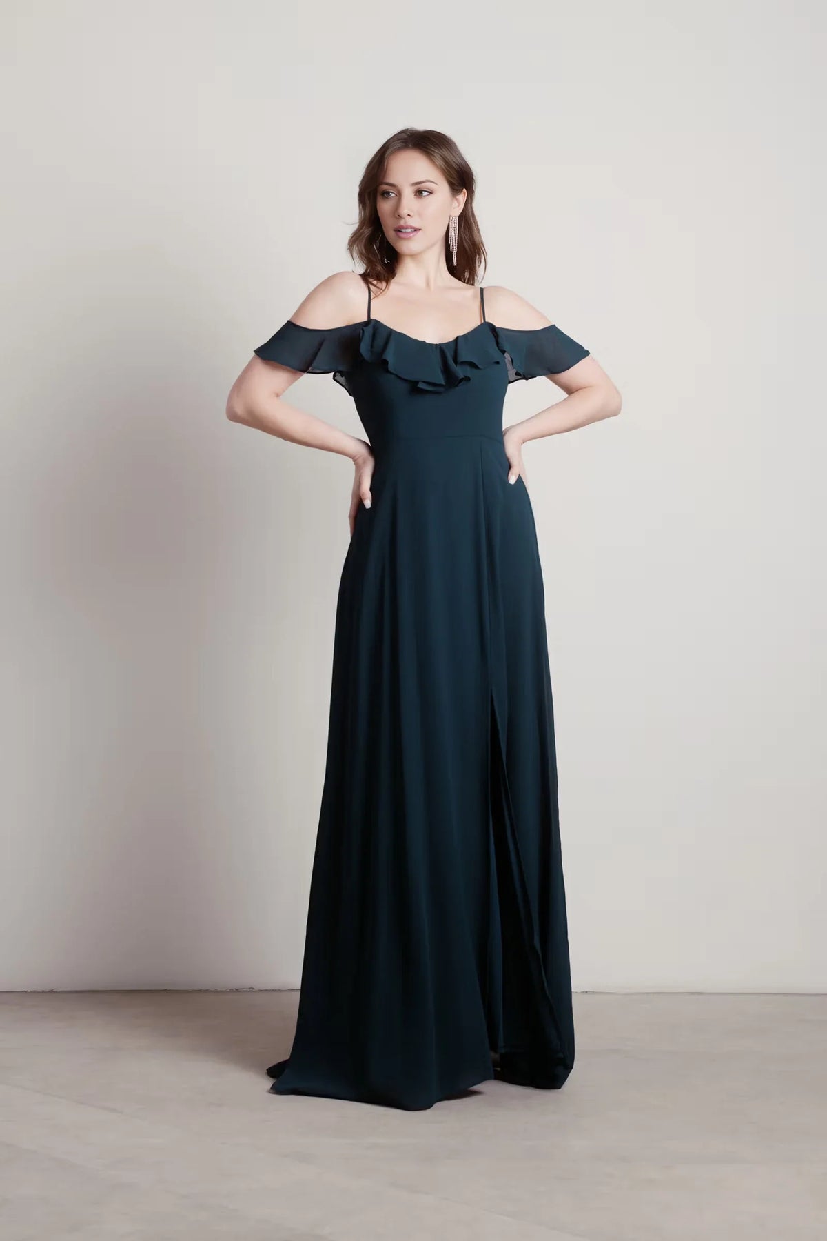 Off shoulder collar sleeveless thin shoulder strap backless side slit and floor length Prom dress