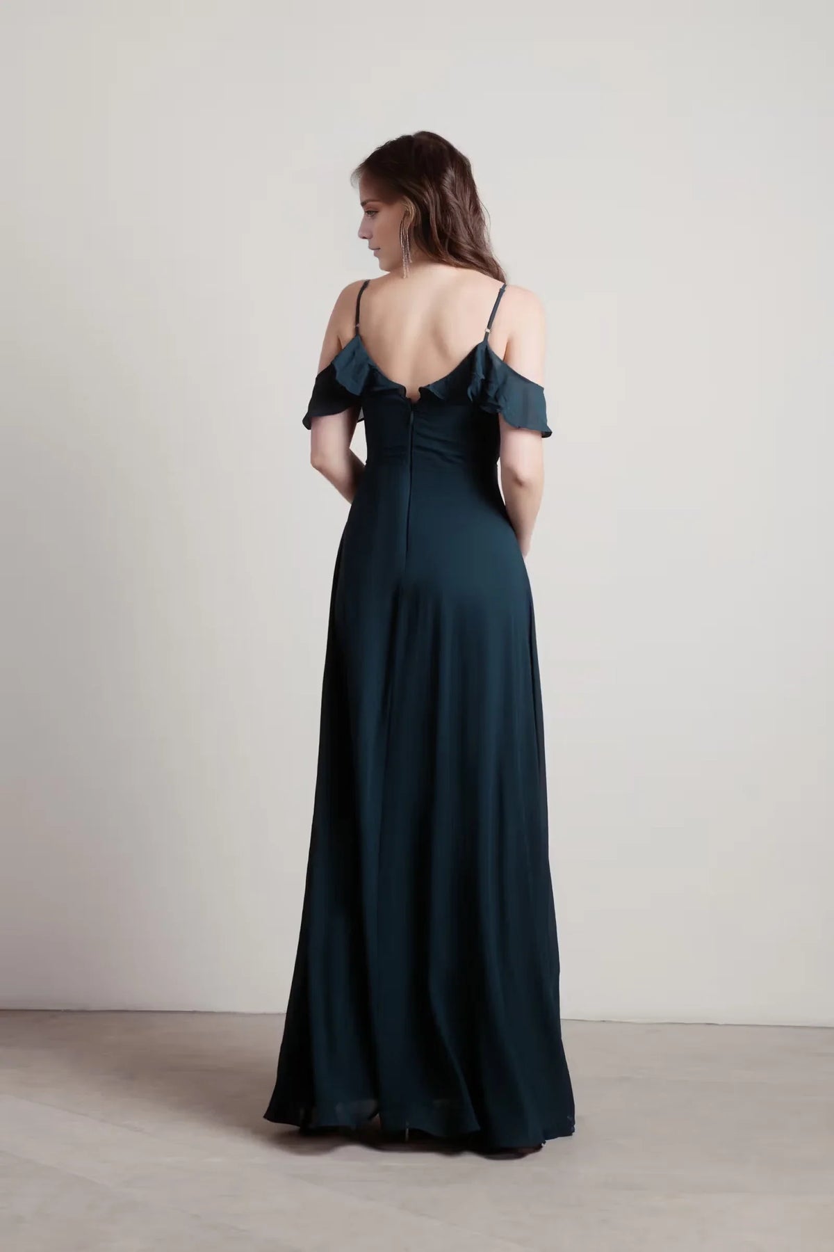 Off shoulder collar sleeveless thin shoulder strap backless side slit and floor length Prom dress