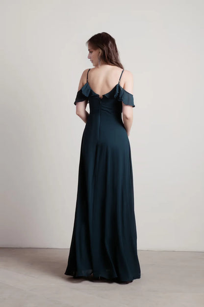 Off shoulder collar sleeveless thin shoulder strap backless side slit and floor length Prom dress