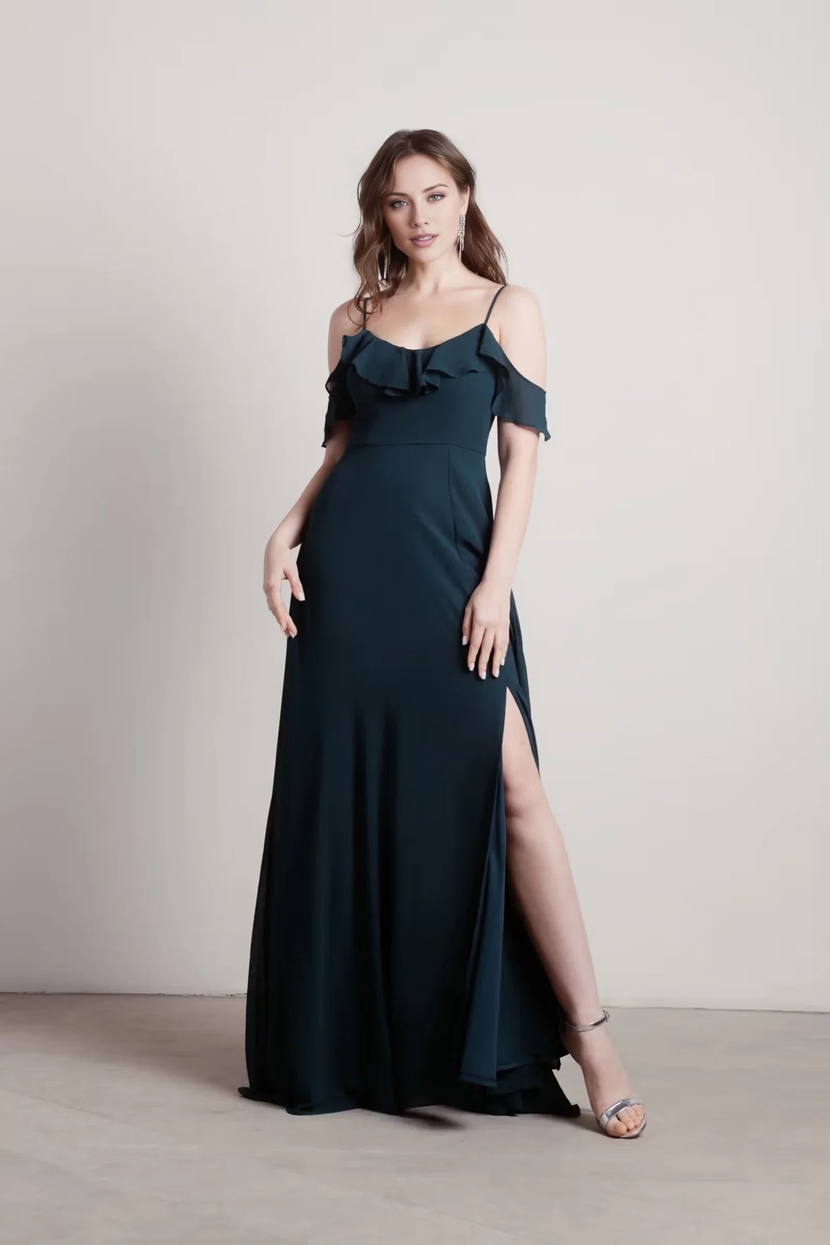 Off shoulder collar sleeveless thin shoulder strap backless side slit and floor length Prom dress