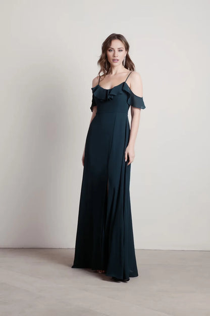 Off shoulder collar sleeveless thin shoulder strap backless side slit and floor length Prom dress