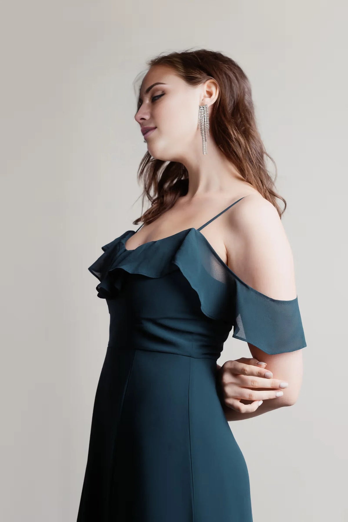 Off shoulder collar sleeveless thin shoulder strap backless side slit and floor length Prom dress