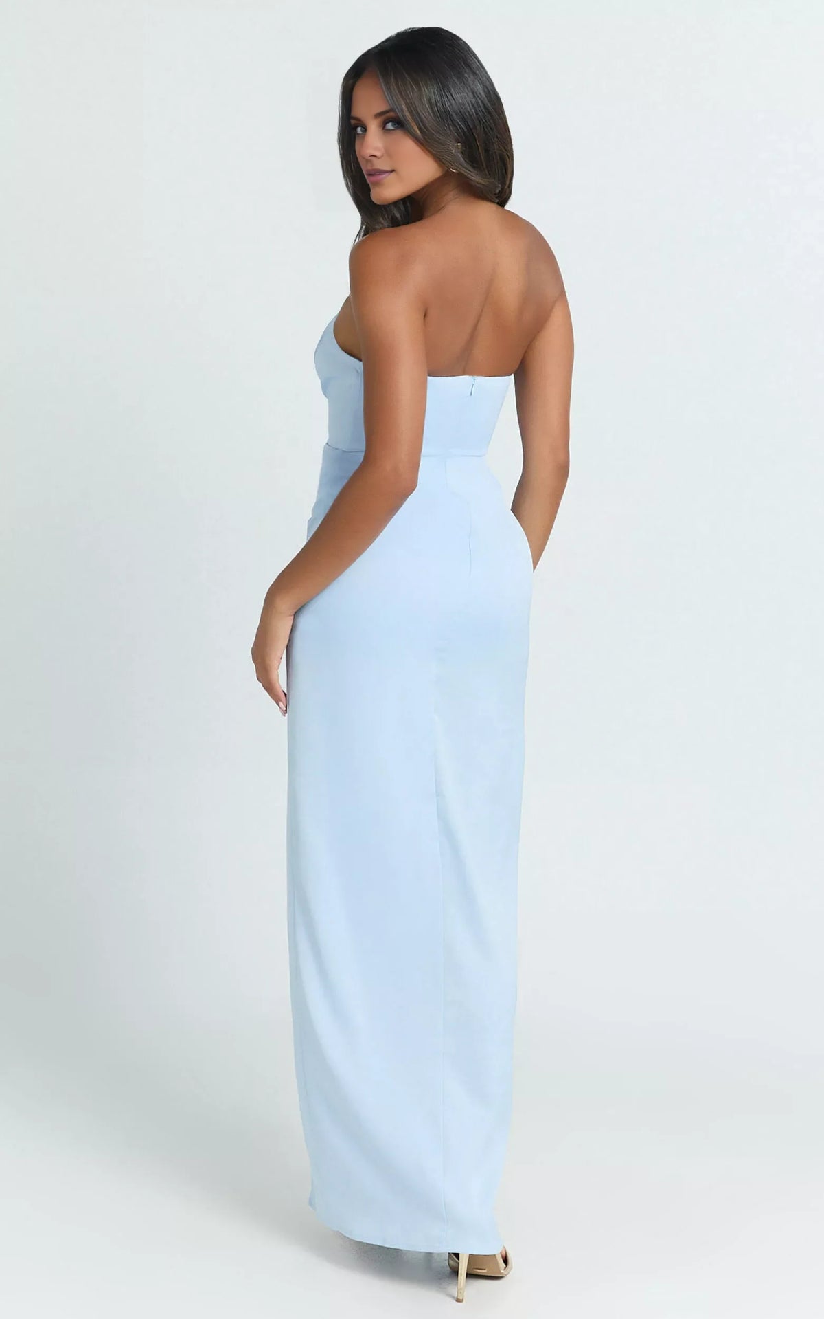 Off shoulder collar strapless backless side slit and floor length Prom dress