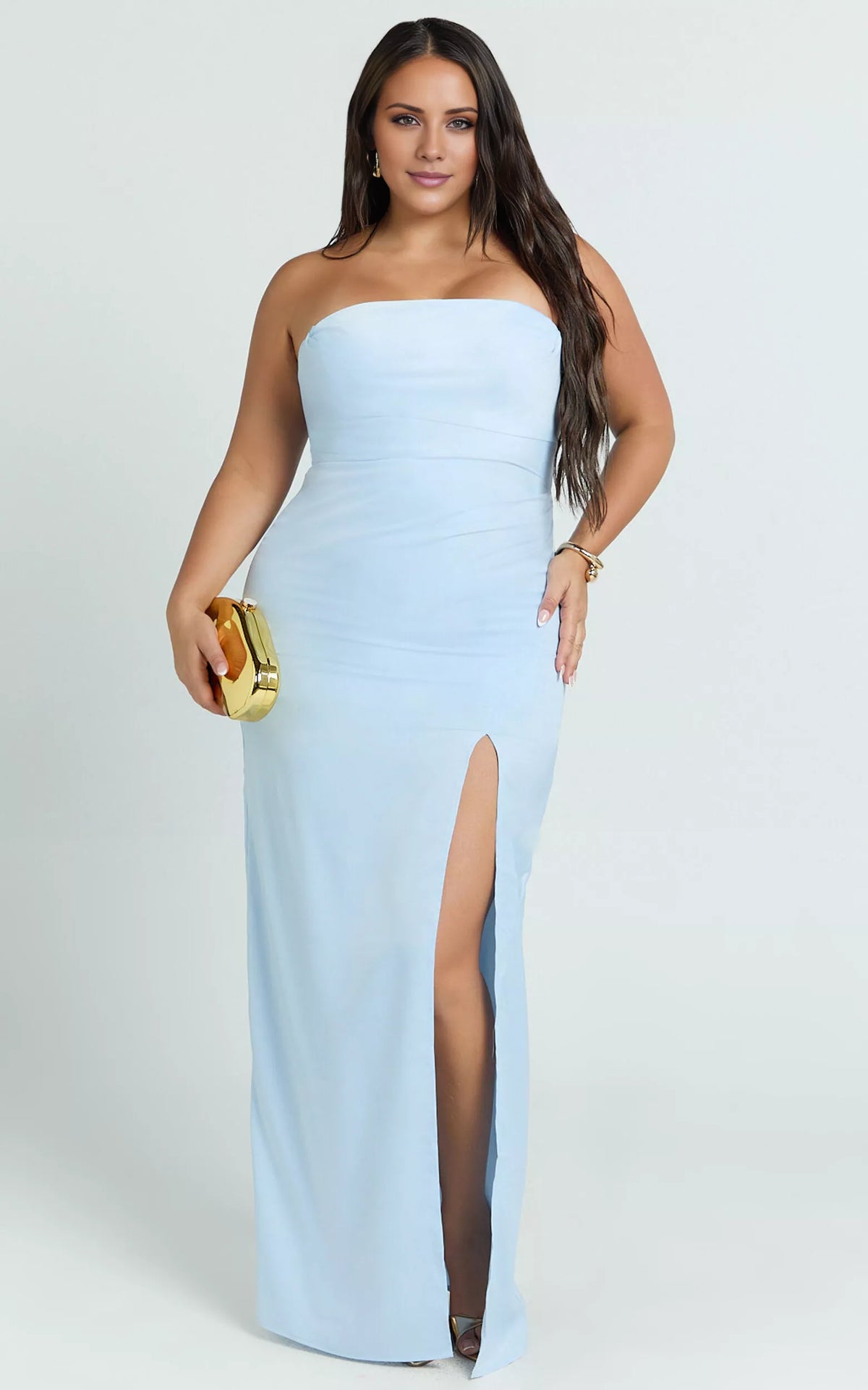 Off shoulder collar strapless backless side slit and floor length Prom dress