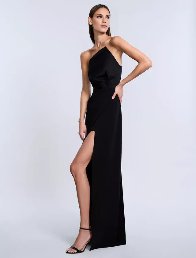 Off shoulder collar strapless backless side slit and floor length evening dress