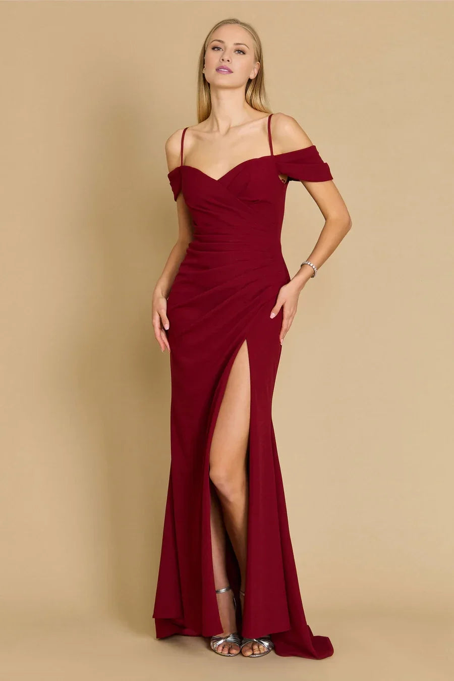 Off shoulder collar thin shoulder strap exposed back strap side slit and floor length Prom dress