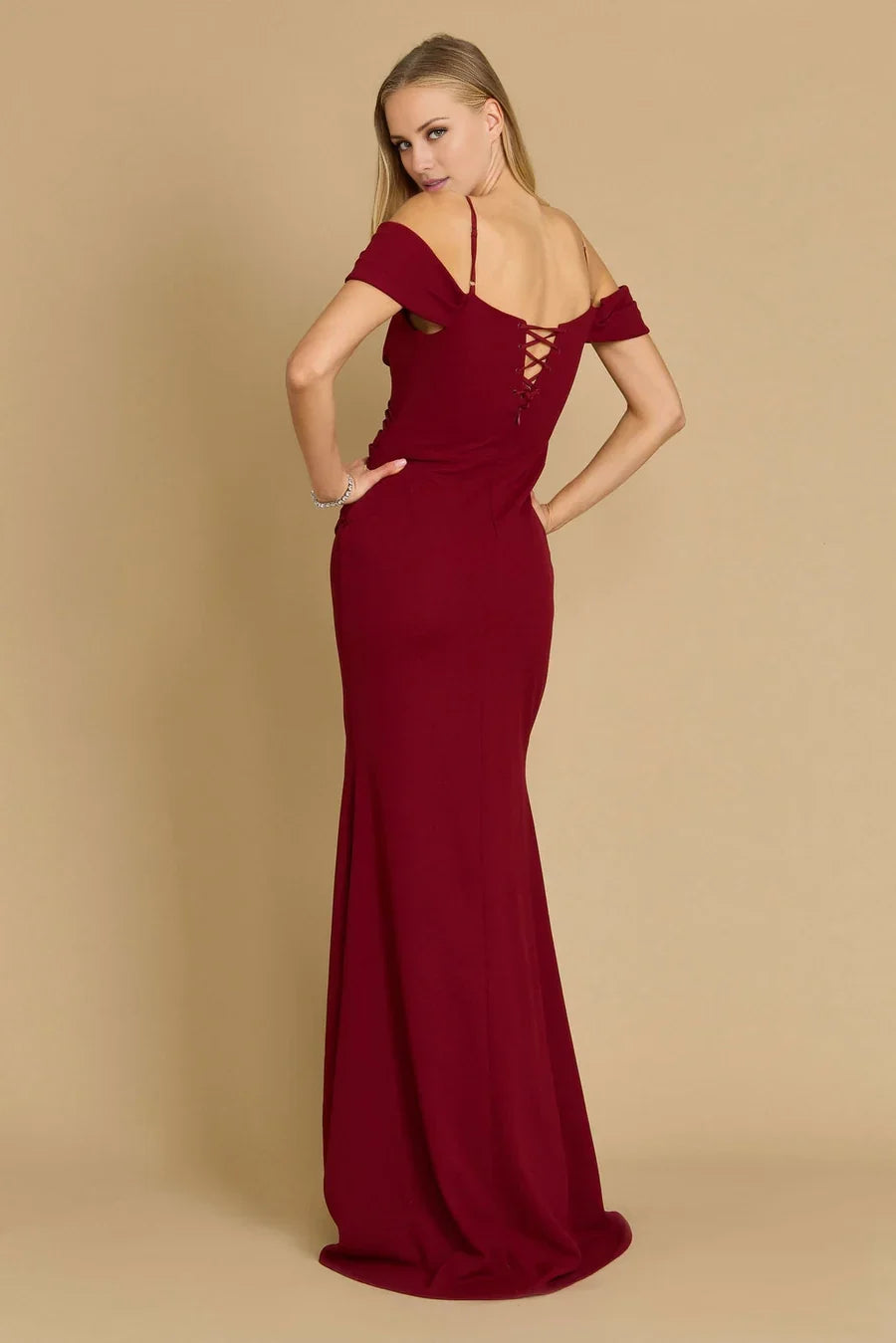 Off shoulder collar thin shoulder strap exposed back strap side slit and floor length Prom dress