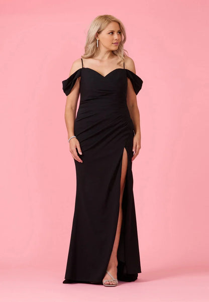 Off shoulder collar thin shoulder strap exposed back strap side slit and floor length Prom dress