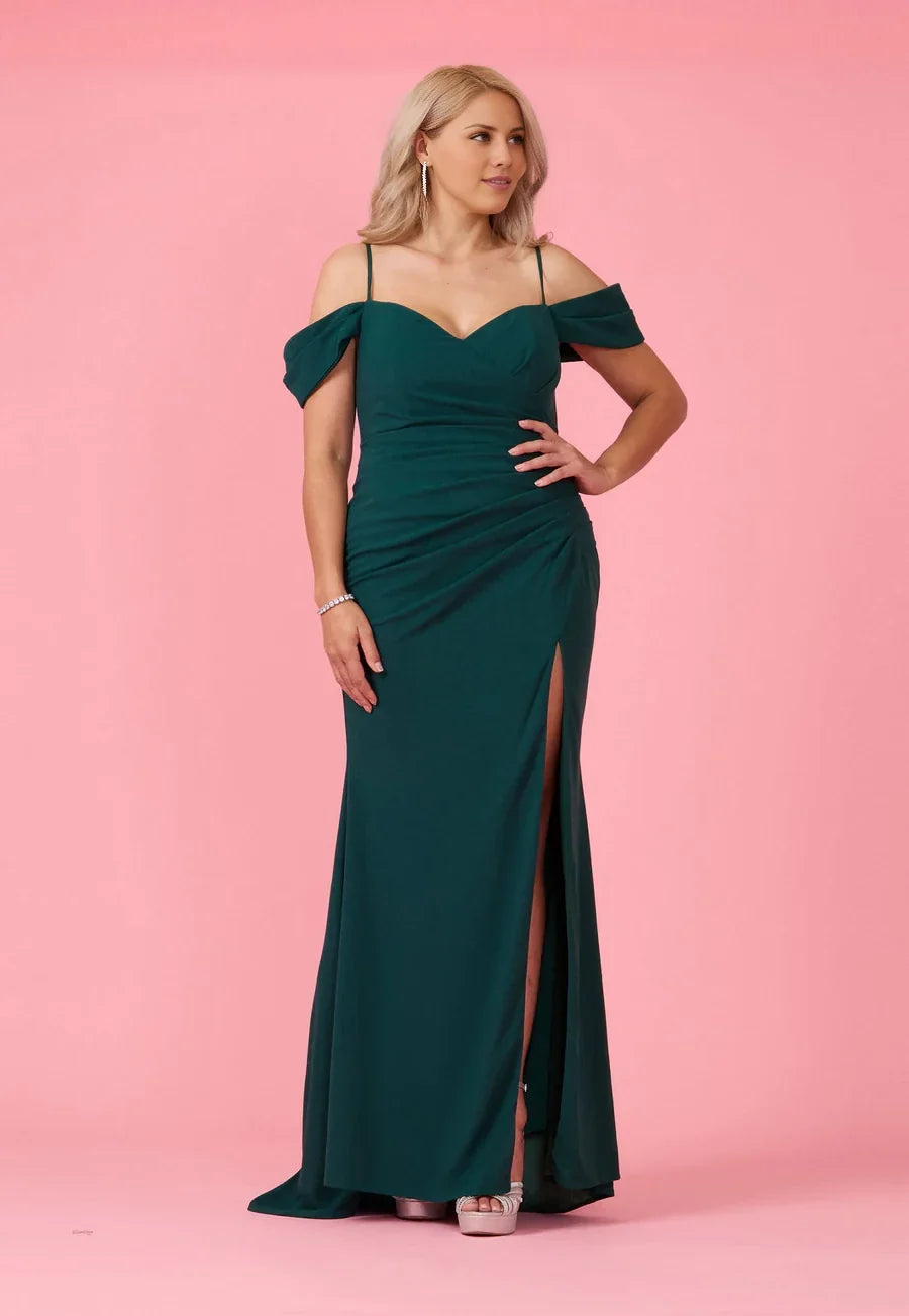 Off shoulder collar thin shoulder strap exposed back strap side slit and floor length Prom dress
