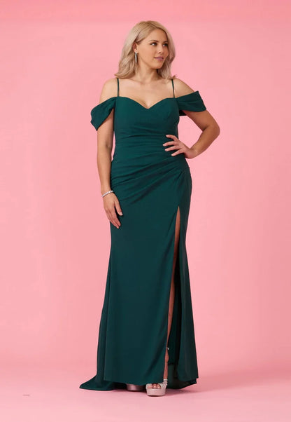Off shoulder collar thin shoulder strap exposed back strap side slit and floor length Prom dress
