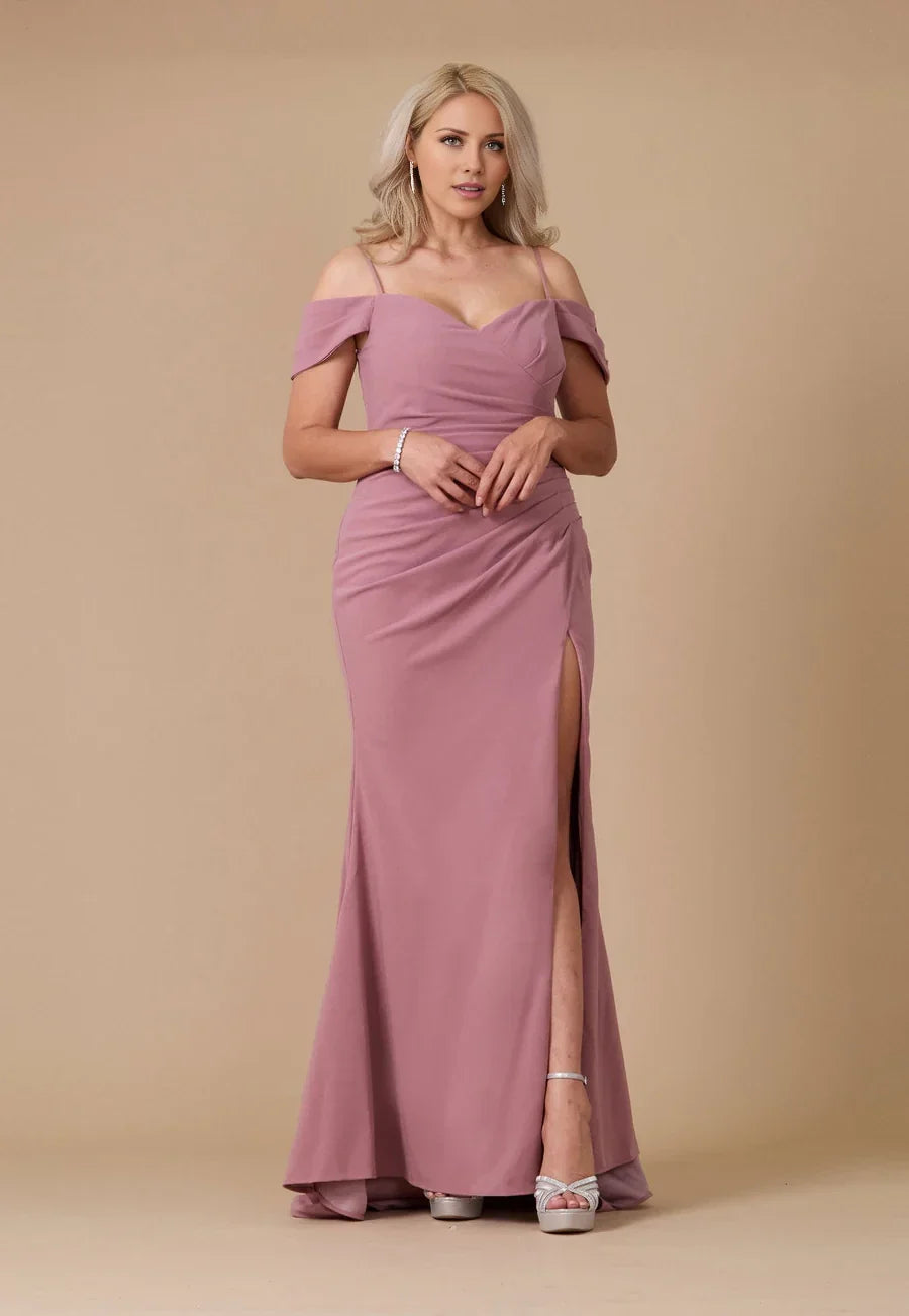 Off shoulder collar thin shoulder strap exposed back strap side slit and floor length Prom dress
