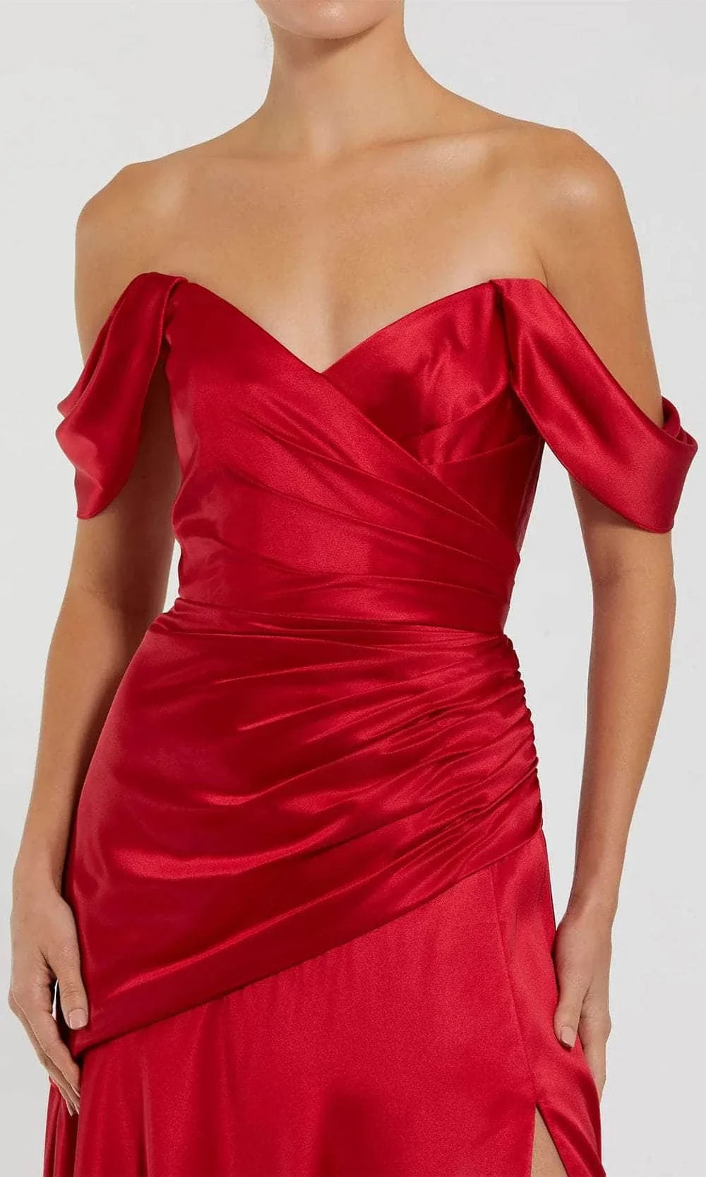 Off shoulder collar with pleats sleeveless backless side slit and floor length Prom dress