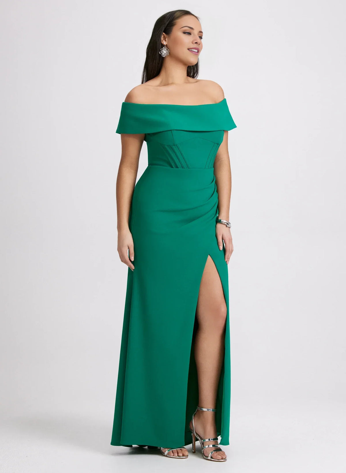 Off shoulder collar with sleeveless pleat details side slit and floor length Prom dress