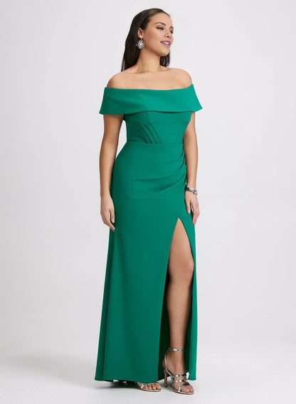 Off shoulder collar with sleeveless pleat details side slit and floor length Prom dress