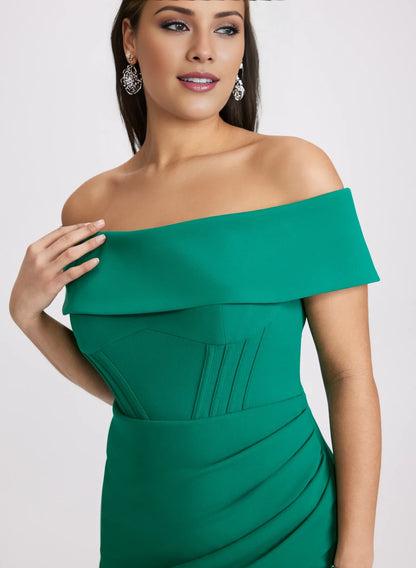 Off shoulder collar with sleeveless pleat details side slit and floor length Prom dress